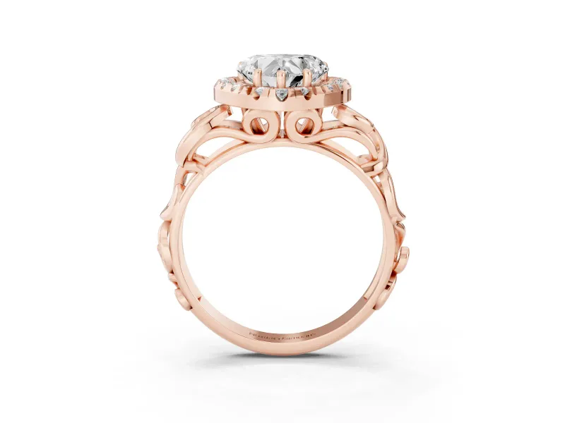Heart Cut Diamond Halo Ring Set in Rose gold with Scrollwork Band and Prong Setting