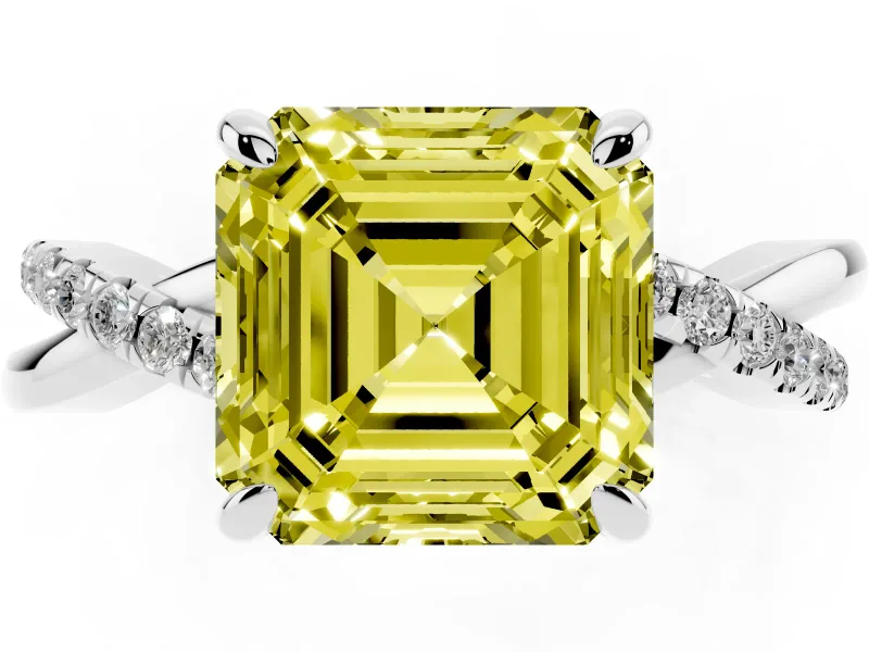 Fancy Yellow Asscher Cut Diamond Twist Band Solitaire Set in Platinum with Pavé Accents and Prong Setting