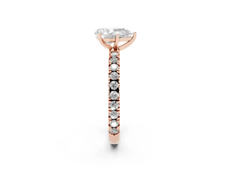 Pear Cut Diamond Pavé Band Solitaire Set in Rose gold with Prong Setting