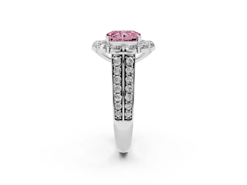 Fancy Pink Radiant Cut Diamond Halo Engagement Ring Set in White gold with Split Shank and Prong Setting