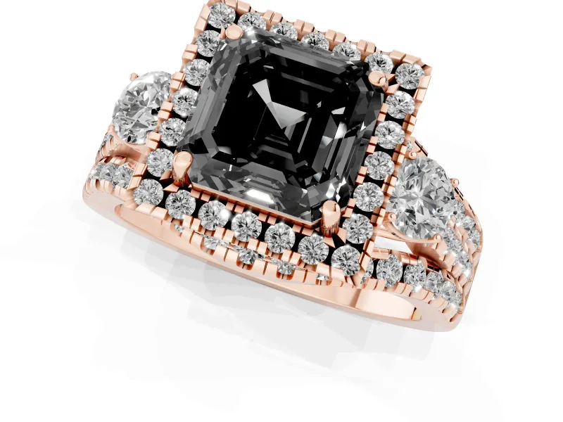 Asscher Cut Halo Split Shank Engagement Ring Setting for a Black Center | Rose Gold