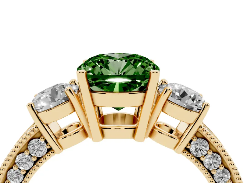 Cushion Cut Three Stone Engagement Ring Setting for a Fancy Green Lab-Grown Diamond | Graduated Pave Band | Yellow Gold