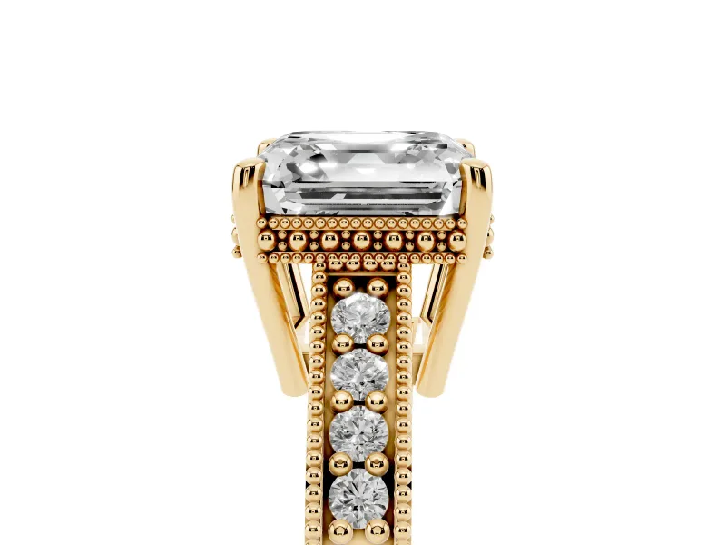 Asscher Cut Vintage Engraved Solitaire Engagement Ring Setting | Milgrain Pavé | Yellow Gold