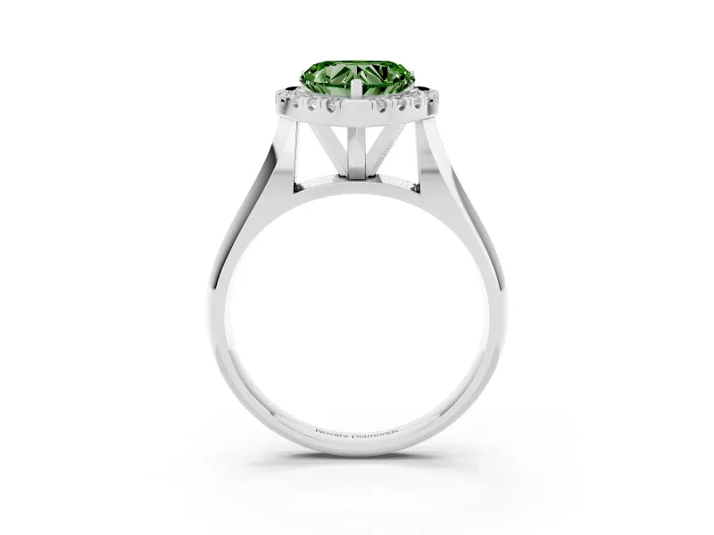 Fancy Green Heart Cut Diamond Halo Solitaire Engagement Ring Set in White gold with Square Band and Prong Setting