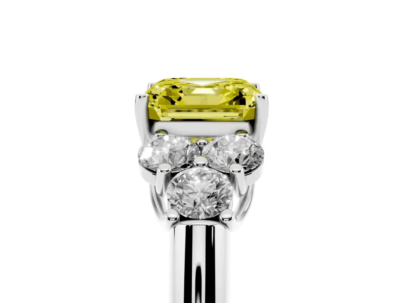 Fancy Yellow Asscher Cut Diamond Cluster Ring Set in Silver with Round Accent Stones and Prong Setting on a Plain Band