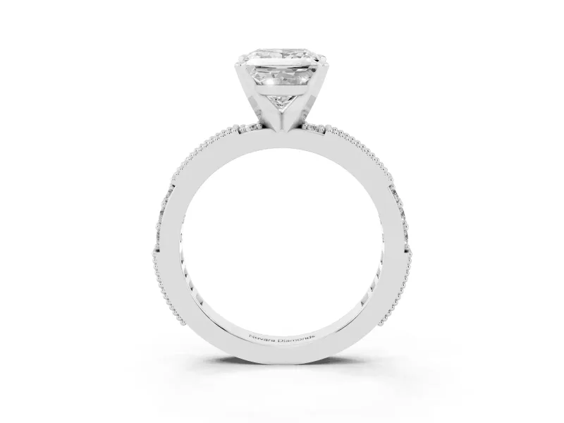 Princess Cut Diamond Solitaire Ring Set in White gold with Slim Pavé Band and Prong Setting