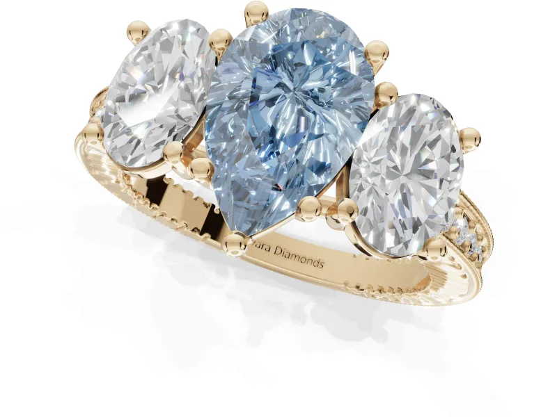Pear-Shaped Vintage Three Stone Engagement Ring Setting for a Fancy Blue Lab-Grown Diamond | Yellow Gold