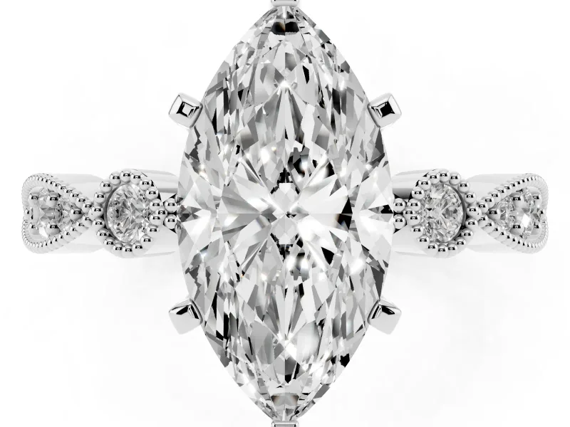 Marquise Cut Diamond Solitaire Engagement Ring Set in White gold with Milgrain Bezel Accent Band