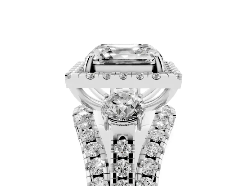 Asscher Cut Halo Split Shank Engagement Ring Setting | Round Side Stones | Platinum
