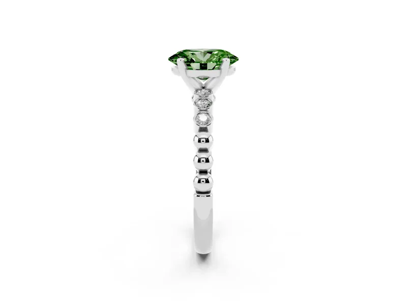 Fancy Green Oval Cut Diamond Solitaire Engagement Ring Set in Platinum with Bezel Accents on Beaded Band