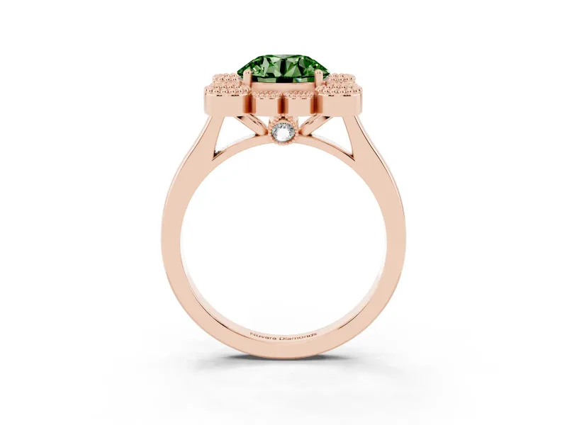 Round Milgrain Cluster Halo Engagement Ring Setting for a Fancy Green Lab-Grown Diamond | Plain Band | Rose Gold