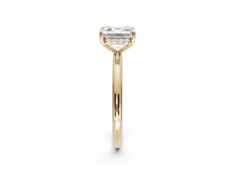 Asscher Cut Hidden Halo Engagement Ring Setting | Thin Plain Band | Yellow Gold