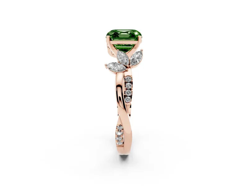 Fancy Green Asscher Cut Diamond Floral Vine Solitaire Engagement Ring Set in Rose gold with Marquise Leaves