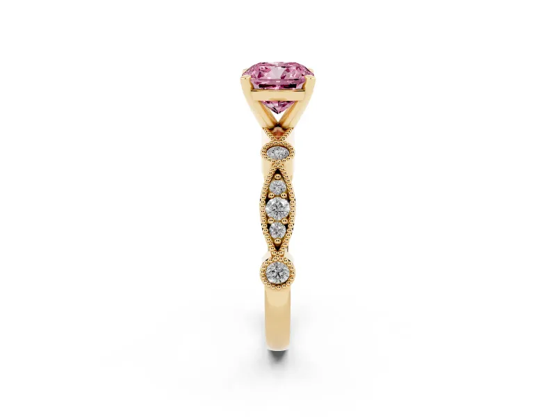 Fancy Pink Cushion Cut Diamond Solitaire Engagement Ring Set in Yellow gold with Milgrain Bezel Accent Band