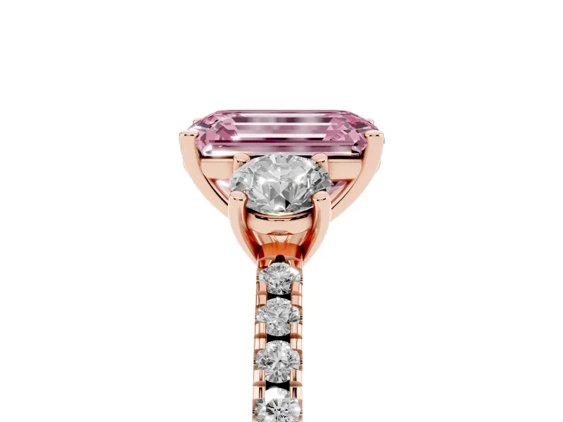Emerald Cut Three Stone Engagement Ring Setting for a Fancy Pink Lab-Grown Diamond | Pave Shoulders | Rose Gold