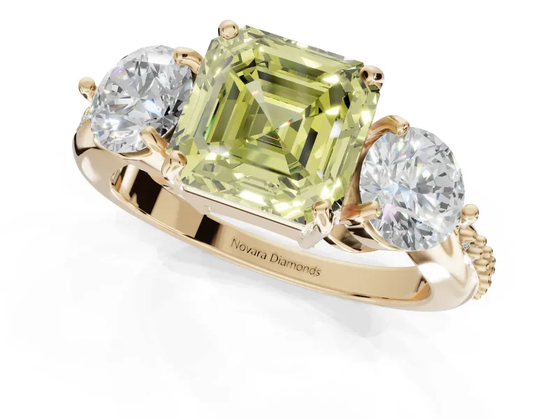 Asscher Cut Three Stone Engagement Ring Setting for a Fancy Yellow Lab-Grown Diamond | Tapered Pave Band | Yellow Gold