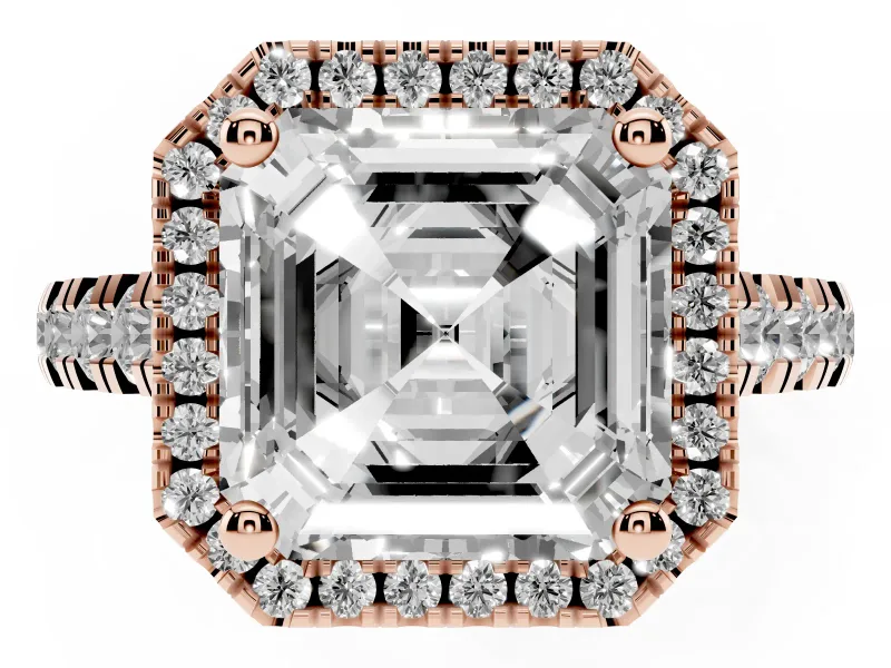 Asscher Cut Halo Engagement Ring Setting | Shared Prong Shoulders | Rose Gold