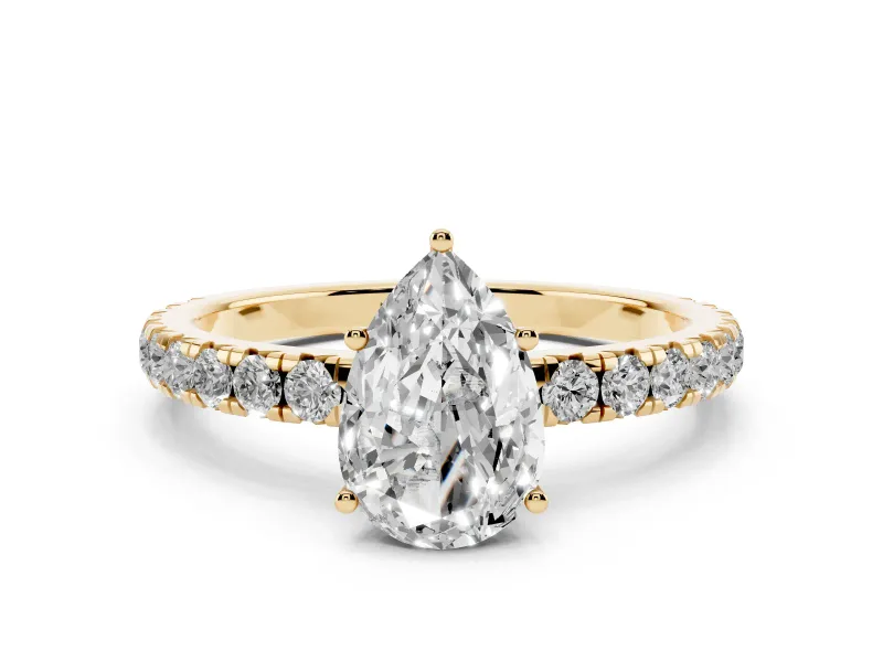 Pear Cut Diamond Pavé Solitaire Engagement Ring Set in Yellow gold with Prong Setting