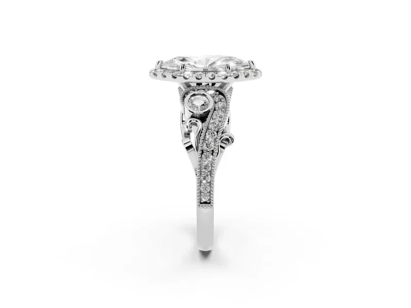 Marquise Vintage Milgrain Halo Engagement Ring Setting | Bezel Shoulder Accents | White Gold