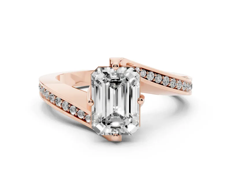 Emerald Cut Diamond Solitaire Ring Set in Rose gold with Intertwined Pavé Twist Band