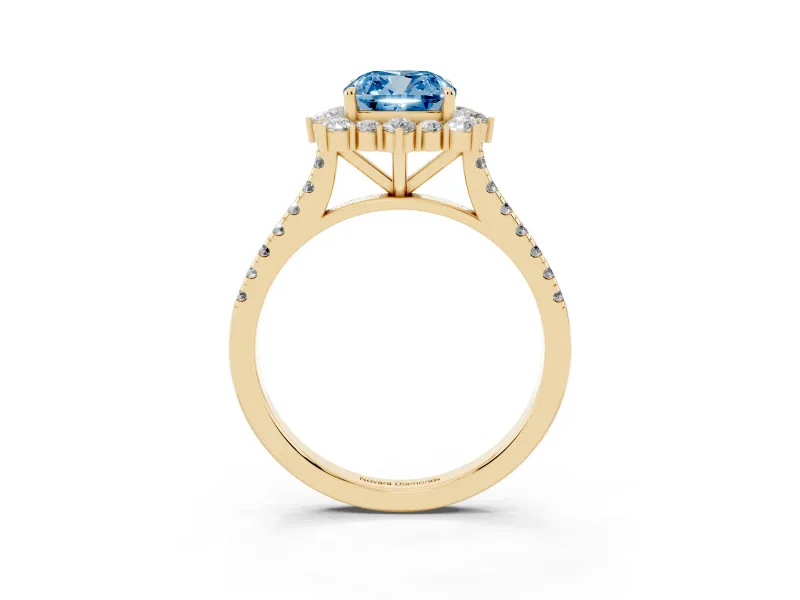Cushion Cut Scalloped Halo Engagement Ring Setting for a Fancy Blue Lab-Grown Diamond | Single Row Pave | Yellow Gold