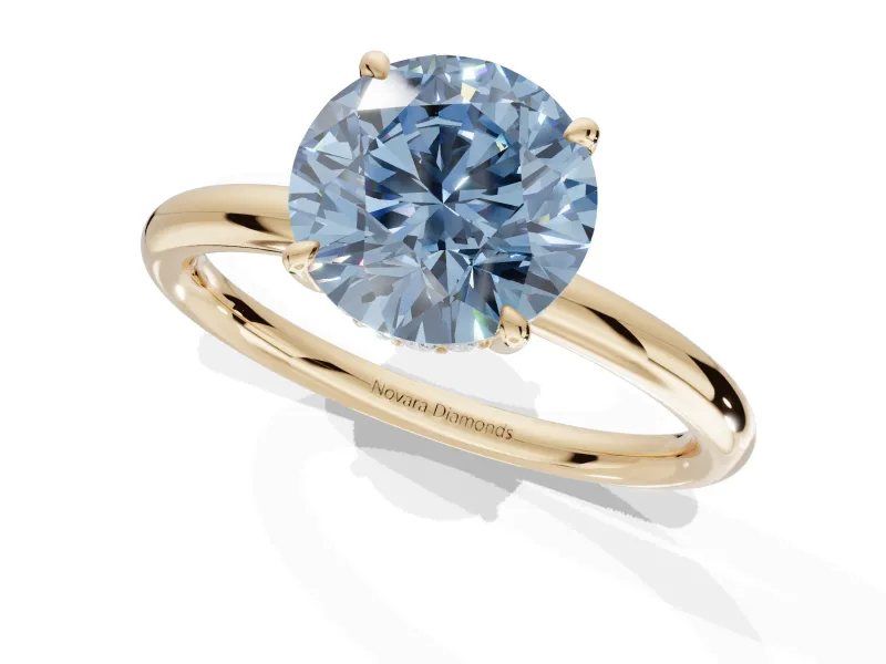 Round Hidden Halo Ring Setting for a Fancy Blue Lab-Grown Diamond | Yellow Gold