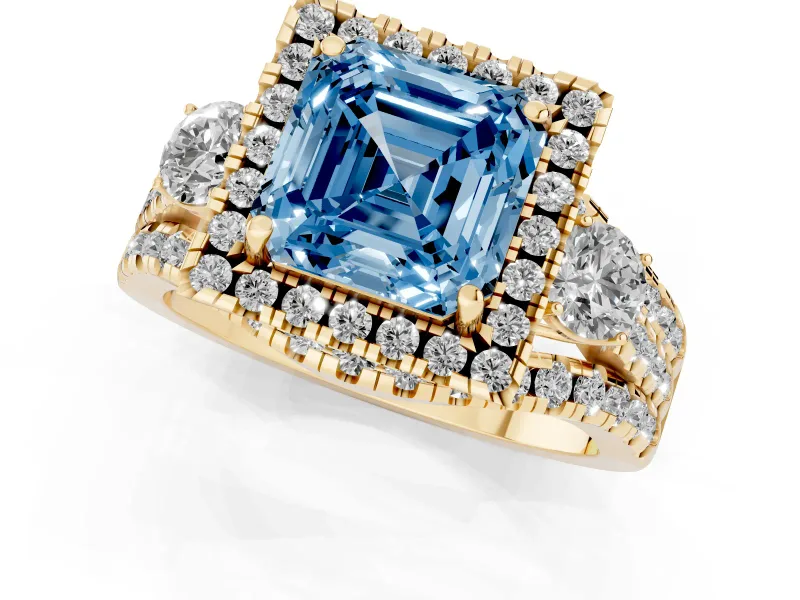 Asscher Cut Halo Split Shank Engagement Ring Setting for a Fancy Blue Lab-Grown Diamond | Yellow Gold