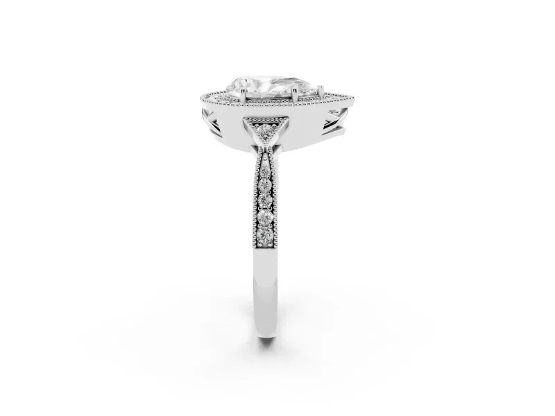 Pear-Shaped Vintage Milgrain Halo Engagement Ring Setting | Graduated Pavé Band | White Gold