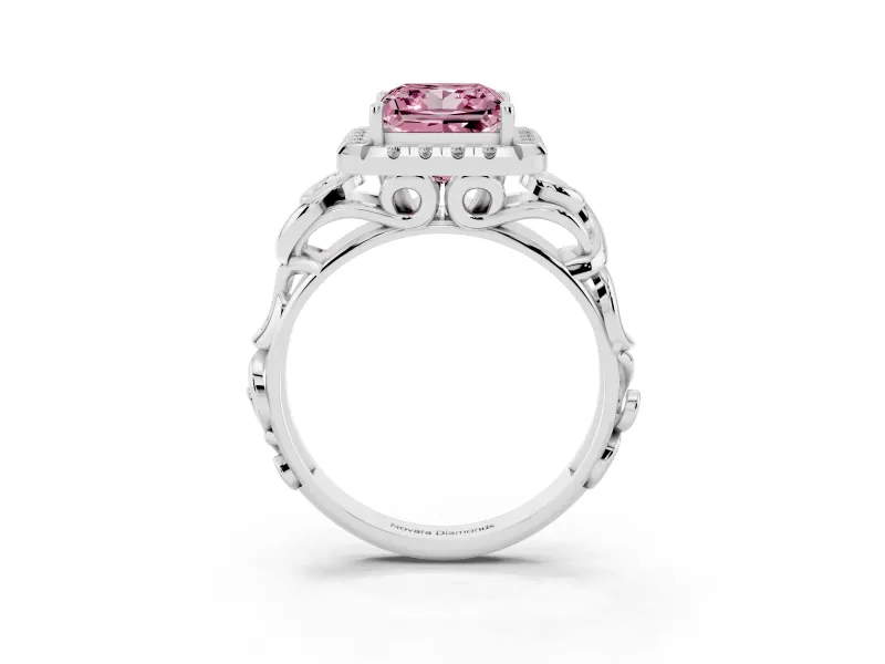 Fancy Pink Princess Cut Diamond Halo Ring Set in Silver with Scrollwork Band and Prong Setting