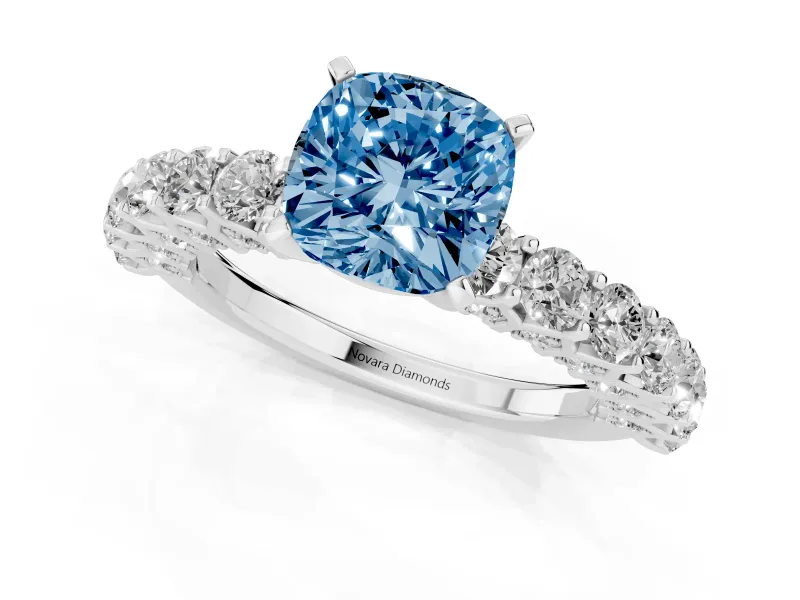 Cushion Cut Shared Prong Engagement Ring Setting for a Fancy Blue Lab-Grown Diamond | Platinum