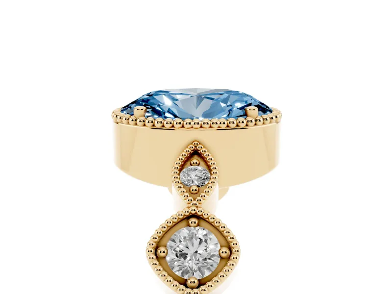 Fancy Blue Oval Cut Diamond Vintage-Inspired Milgrain Ring Set in Yellow gold with Marquise Stations of Round Accents
