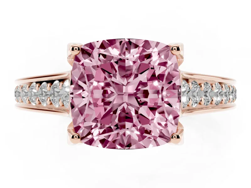 Fancy Pink Cushion Cut Diamond Solitaire Pavé Engagement Ring Set in Rose gold with Prong Setting