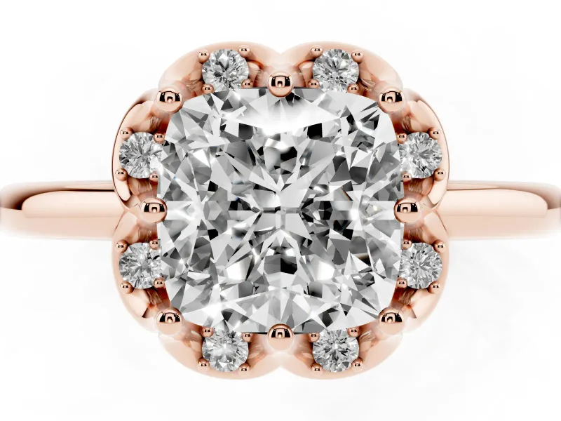 Cushion Cut Scalloped Petal Halo Engagement Ring Setting | Plain Band | Rose Gold