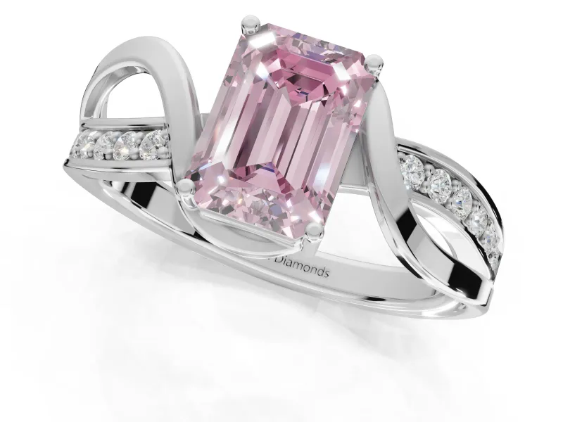 Emerald Cut Bypass Solitaire Engagement Ring Setting for a Fancy Pink Lab-Grown Diamond | Pavé Strands | Sterling Silver