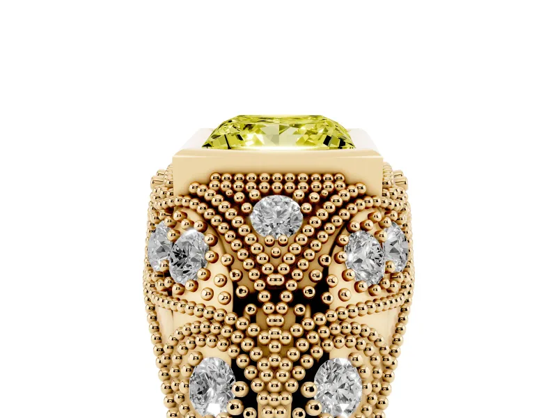 Fancy Yellow Princess Cut Diamond Bezel Ring Set in Yellow gold with Milgrain Accent Band