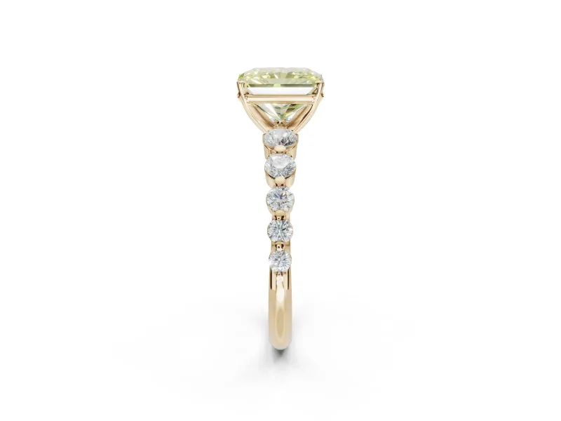 Radiant Cut Graduated Side Stone Engagement Ring Setting for a Fancy Yellow Lab-Grown Diamond | Yellow Gold