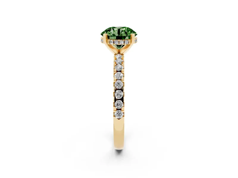 Round Hidden Halo Solitaire Engagement Ring Setting for a Fancy Green Lab-Grown Diamond | Pave Band | Yellow Gold