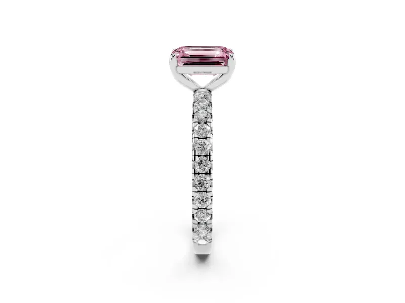 Fancy Pink Emerald Cut Diamond Pavé Solitaire Ring Set in Platinum with Round Band and Prong Setting