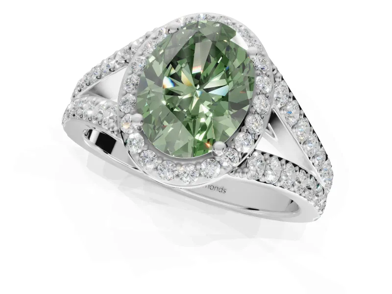 Oval Halo Pavé Engagement Ring Setting for a Fancy Green Lab-Grown Diamond | Narrow Split Shank | Sterling Silver