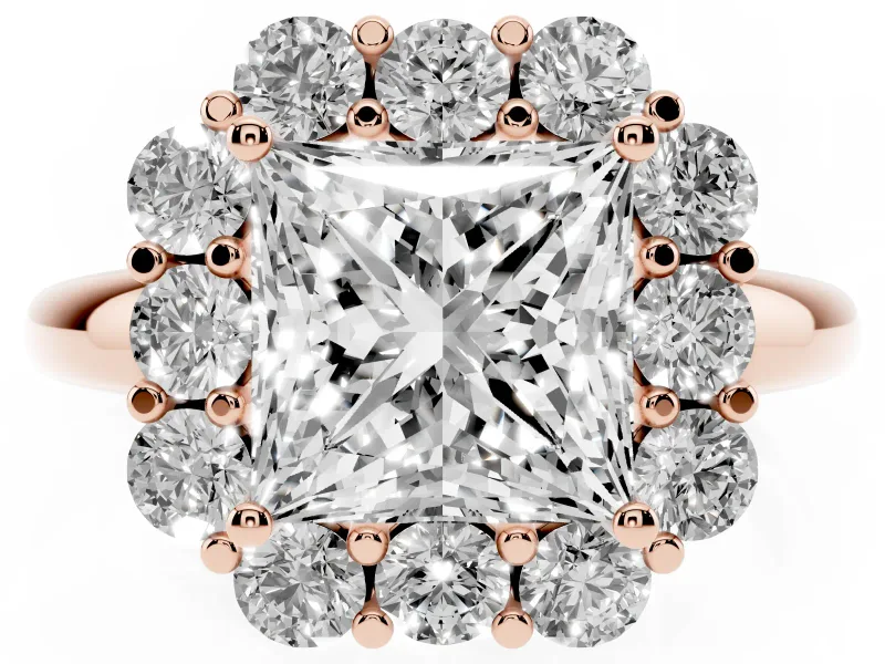 Princess Cut Milgrain Halo Engagement Ring Setting | Graduated Bezel Accents | Rose Gold