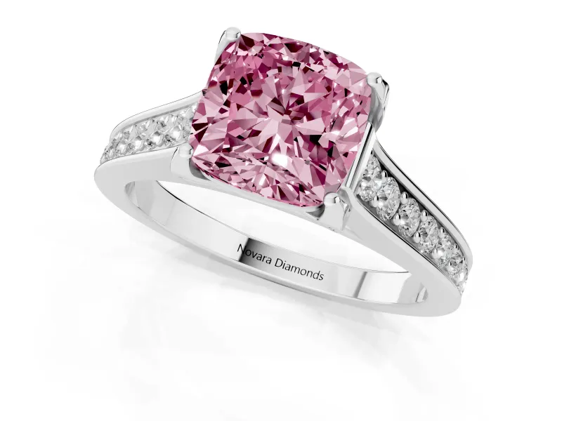 Fancy Pink Cushion Cut Diamond Solitaire Pavé Engagement Ring Set in Silver with Prong Setting