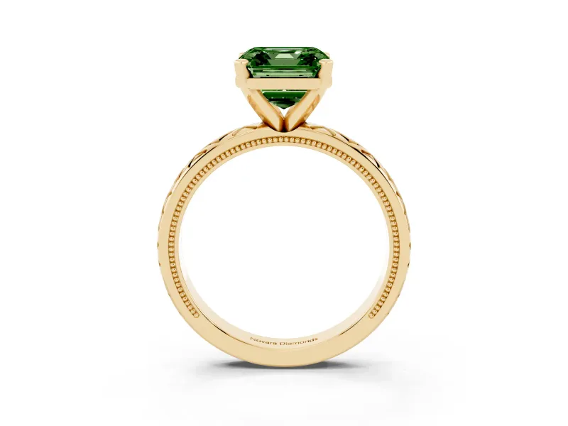 Asscher Cut Vintage Milgrain Engagement Ring Setting for a Fancy Green Lab-Grown Diamond | X Pattern Band | Yellow Gold