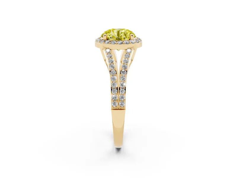 Round Halo Engagement Ring Setting for a Fancy Yellow Lab-Grown Diamond | Pave Split Shank | Yellow Gold