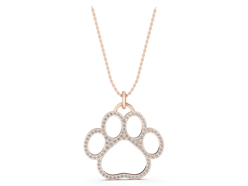 Round Lab-Grown Diamond Pavé Paw Print Pendant Necklace | Open Outline | Rose Gold