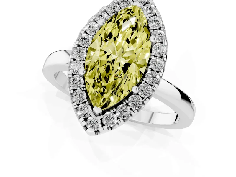 Fancy Yellow Marquise Cut Diamond Halo Solitaire Ring Set in White gold with Pavé Band and Prong Setting