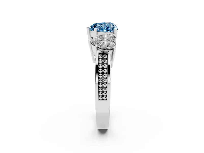 Heart-Shaped Three Stone Engagement Ring Setting for a Fancy Blue Lab-Grown Diamond | Beaded Shoulders | Platinum