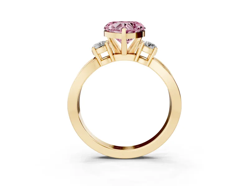 Fancy Pink Three-Stone Heart Cut Diamond Twist Band Ring Set in Yellow gold with Pavé Accents and Prong Setting
