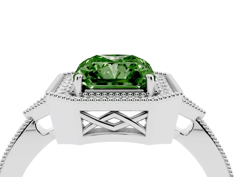 Fancy Green Radiant Cut Diamond Halo Engagement Ring Set in White gold with Milgrain Pavé Band