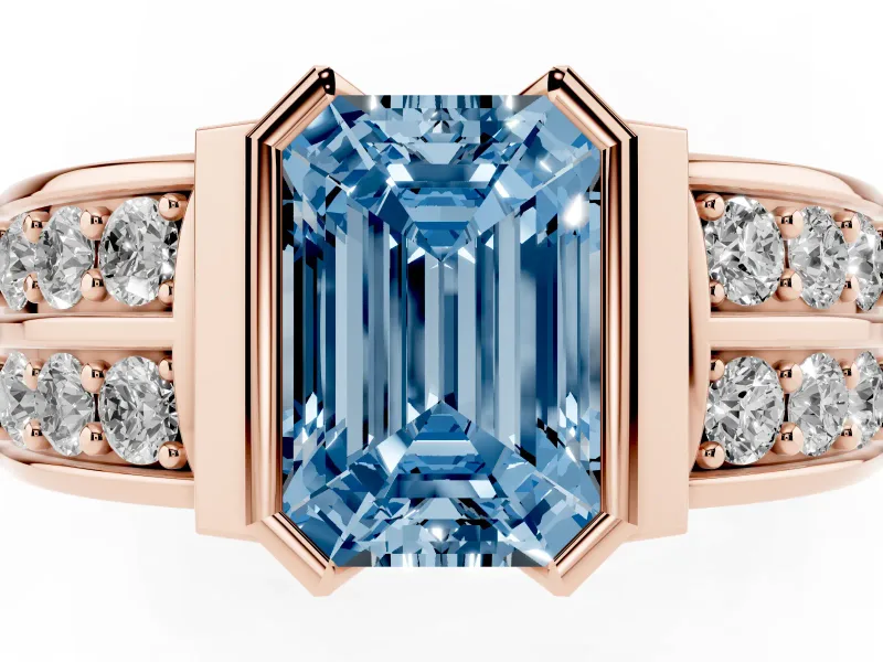 Emerald Cut Half Bezel Engagement Ring Setting for a Fancy Blue Lab-Grown Diamond | Double Row Channel Band | Rose Gold