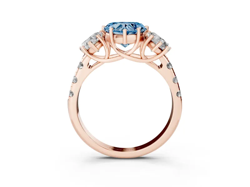 Heart-Shaped Three Stone Engagement Ring Setting for a Fancy Blue Lab-Grown Diamond | Accented Shoulders | Rose Gold